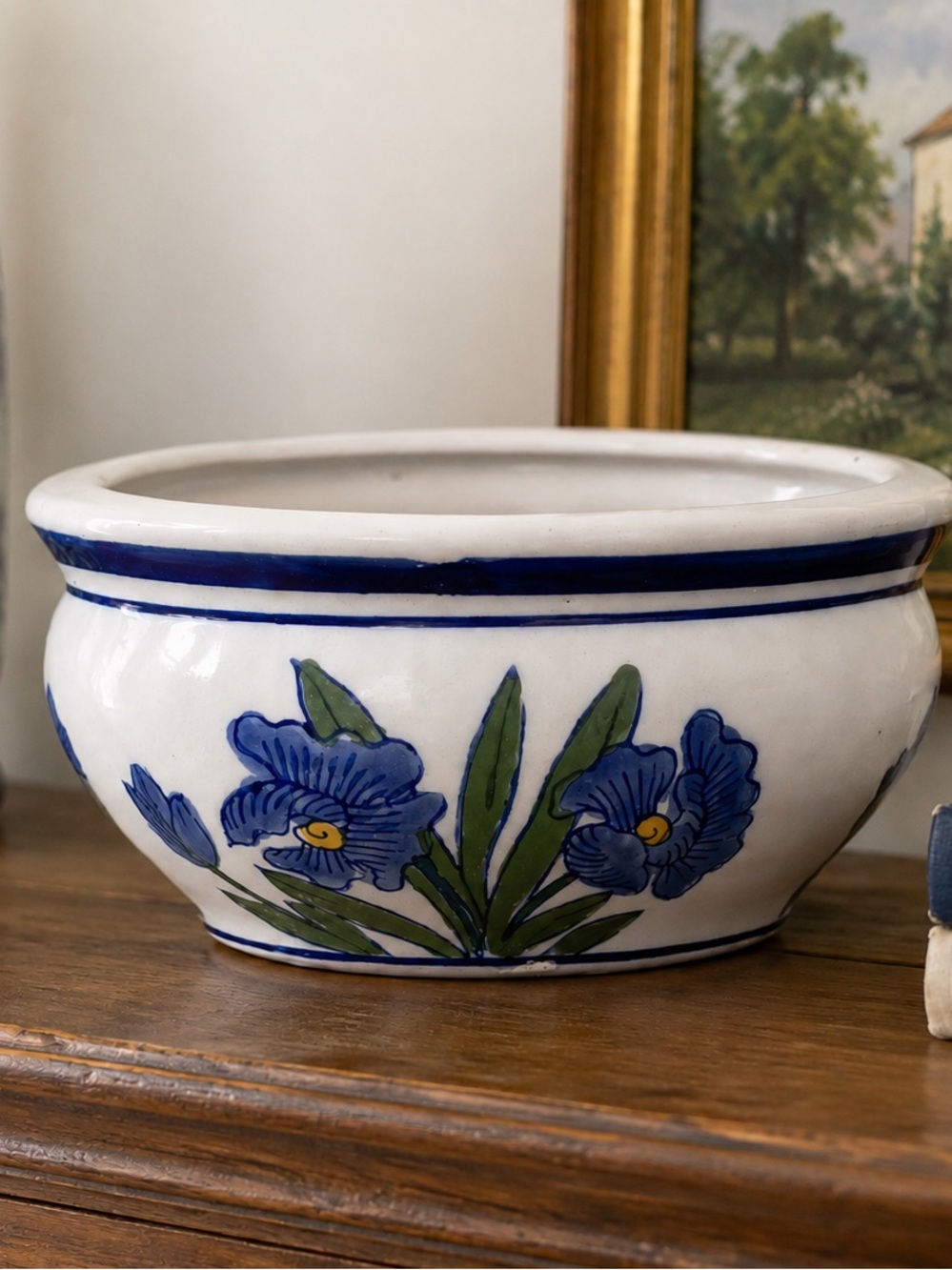 Vintage Purple Japanese Iris Flowered Porcelain Round Bonsai Pot Planter